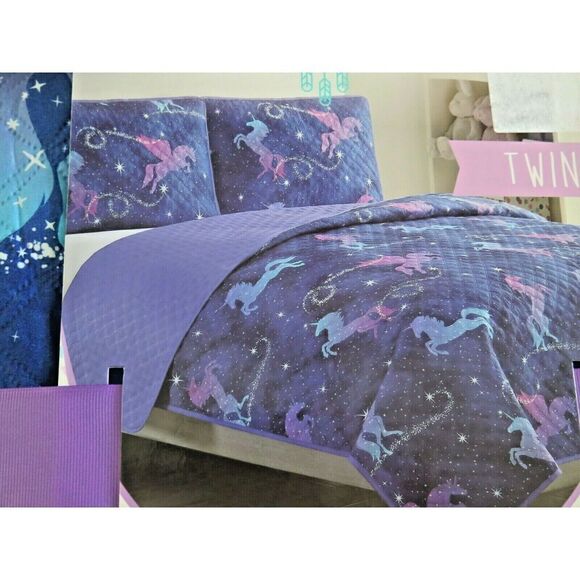 LITTLE DREAMERS KIDS UNICORNS Stars Purple REVERSIBLE TWIN QUILT SHAM SET $120 - Picture 5 of 5